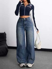 Flirla Plus Size Women Pocketed Button Casual Versatile Straight Leg Jeans For Daily Wear - Dark Wash - View 6