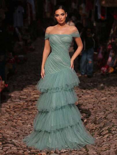 Glamrae Elegante vestido gris-verde con malla brillante de hombros descubiertos con pliegues delanteros hechos a mano, vestido asimétrico exagerado de múltiples capas con volantes y lazo ajustable en la espalda, adecuado para citas, vacaciones, fiestas de solteros, bodas, todas las ocasiones formales, temporada de regreso a clases, vestido de noche para mujer