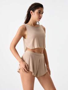 纯色露背睡衣套装/睡衣套装 - 摩卡棕 - 查看 4