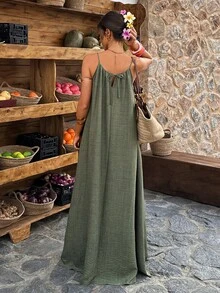 Selianne 女士无袖金属扣A字连衣裙，休闲日常穿着，时尚度假连衣裙 - 軍綠色 - 查看 2