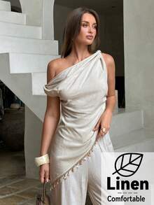 Aloruh Áo kiểu nữ mùa xuân/hè mới, vai lệch, chất liệu vải lanh, vạt áo bất đối xứng với thiết kế phối dải vải dệt, trang phục nghỉ dưỡng thường ngày thanh lịch dành cho nữ, đồ đi biển cho nữ, kỳ nghỉ hè. - Màu be - Xem 2