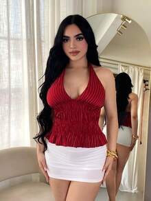 SHEIN SXY Women's Sexy Backless Halter Striped Blouse For Summer,Summer Top - Burgundy - View 5