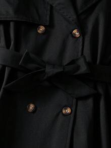 SHEIN 1 pieza Chaqueta larga con solapa tejida, doble botonadura y cinturón de moda para niñas, adecuada para primavera, otoño e invierno, para uso al aire libre, viajes, estilo callejero, casual, en casa y para ir al trabajo - Negro - Ver 7