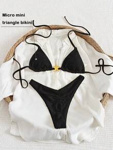 Swim Vcay Conjunto de bikini bohemio de 2 piezas "Swim Vacay", de color blanco crema sólido con textura, con tirantes ajustables, Bottom con espalda en T y pierna alta, tela jacquard especial y decoración de estrella de mar de metal, traje de baño lujoso, de moda y sexy para vacaciones de verano, atuendo de mujer - Negro - Ver 4