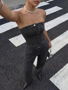 Muchica Two-Piece Set: Strapless Denim Top + Low-Waisted Straight-Leg Pants, Black And White Striped Casual Suit,Y2K Style Streetwear - Black - View 2