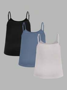 SHEIN EZwear 3件装加大码女式褶皱宽松吊带背心，可调节肩带，适合春夏穿着，女士夏季上衣3件装，娃娃衫上衣，女士基础款夏季上衣，吊带背心 - 彩色 - 查看 2