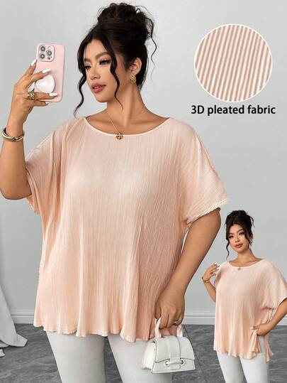 Elenzga Áo thun nữ cỡ lớn màu hồng xếp ly dáng rộng bất đối xứng thanh lịch co giãn thoải mái tay ngắn cổ tròn phối nhiều lớp màu hồng