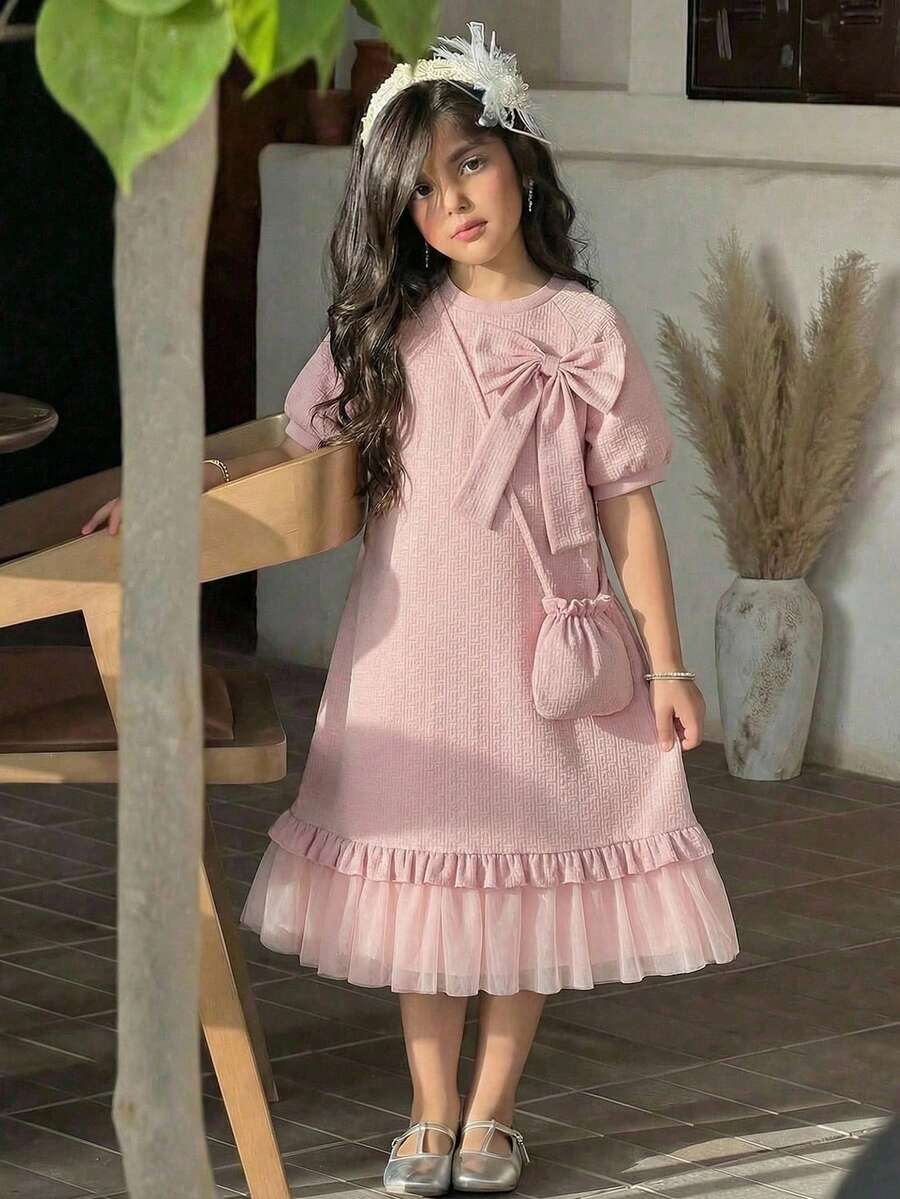女童优雅纯色春夏连衣裙，女童纯色蝴蝶结圆领网纱拼接连衣裙配时尚包包，温柔淑女风，舒适多功能日常穿搭，女童服装 - 粉色 - 查看 1