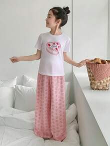 DAZY Tween Girls' Letter Print Short Sleeve T-Shirt And Pants Loungewear Set Summer - White - View 1