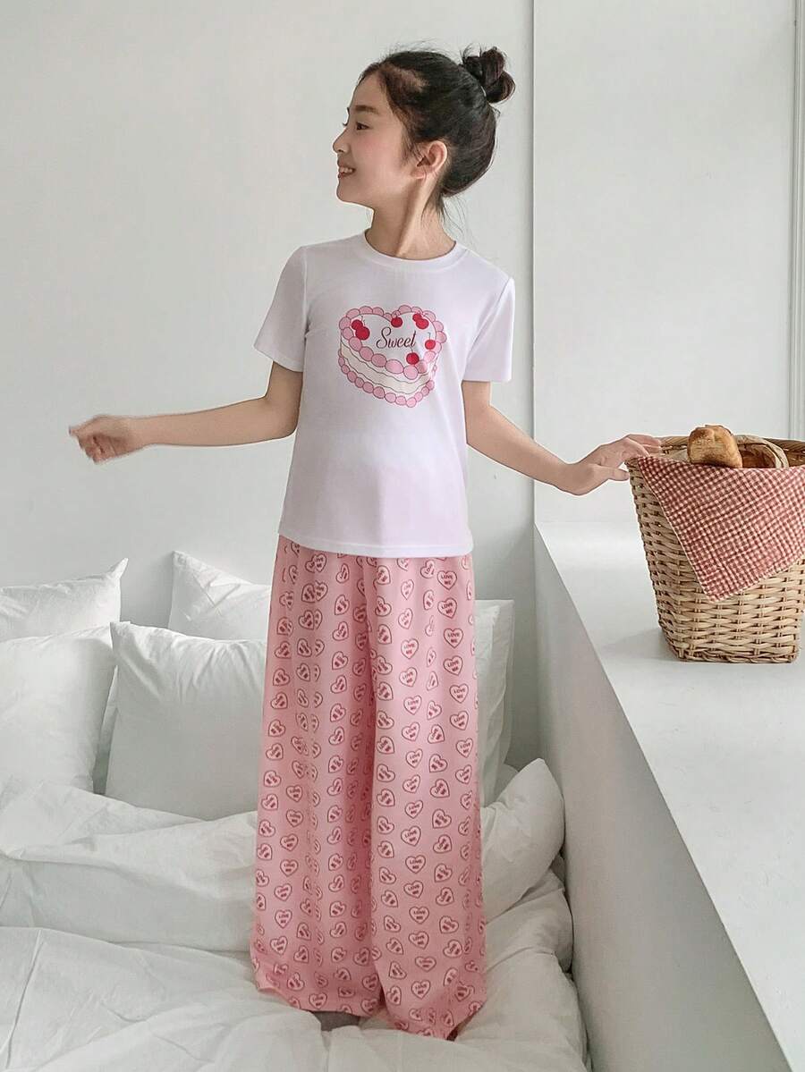 DAZY Tween Girls' Letter Print Short Sleeve T-Shirt And Pants Loungewear Set Summer - White - View 1
