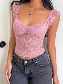 SHEIN EZwear 女士粉色蕾丝短款上衣：心形领口、短袖和半透明花卉设计，尽显迷人风采 - 粉色 - 查看 5