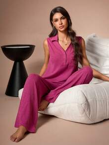 SHEIN Women's Casual Sleeveless Lapel Partial Button Pocket Top And Pants Pajama Set - Hot Pink - View 3