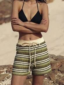 Maija 女士条纹系带腰带休闲沙滩短裤 - 軍綠色 - 查看 5