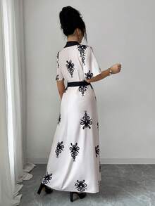 Elenzga Vestido largo con estampado floral de manga larga con cinturón y cuello en V para mujer, elegante y casual, adecuado para citas, Año Nuevo, San Valentín, Pascua, Día de la Madre, festivales de música, bodas en Oriente Medio, ir al trabajo, vacaciones, color rosa pálido - Rosa Pálido - Ver 2