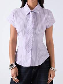 LYSMO 女士休闲条纹短袖衬衫，夏季 - 紫色 - 查看 3