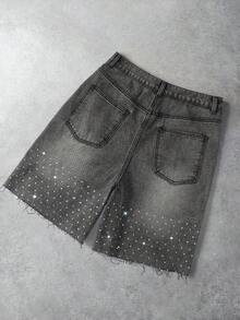 Rick and Morty X SHEIN Men's Casual Letter Print Rhinestone Embellished Denim Shorts, Summer - Grey - View 2