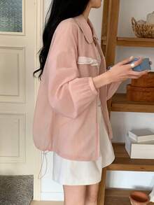 DAZY Women's Turndown Collar Ruffle Trim Lightweight Long Sleeve Jacket, Fresh Korean Style - Baby Pink - View 2