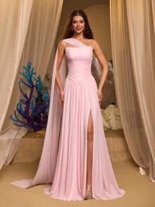Glamrae Đầm dạ hội sang trọng và thanh lịch bằng vải chiffon màu hồng, xếp ly, được trang trí bằng kim cương thủ công, cổ thuyền, chân váy maxi bồng bềnh với đuôi váy dài, thích hợp cho nữ. - Hồng - Xem 1