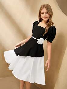 Tween Girl Colorblock Square Neck Petal Sleeve Dress With 3D Floral Decor - Black - View 1