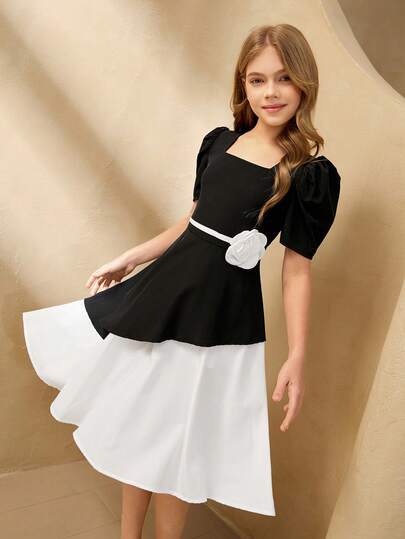 少女撞色方领花瓣袖连衣裙，饰有3D立体花朵图案