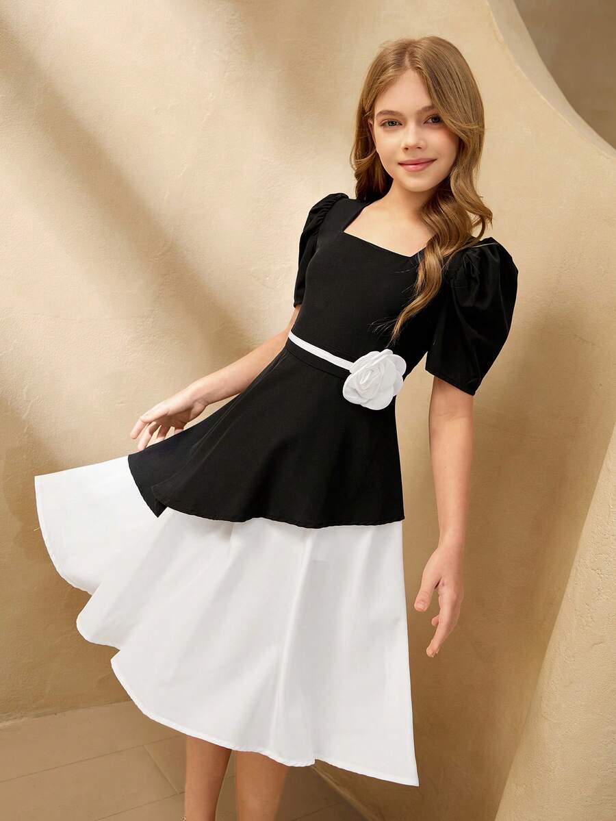 Tween Girl Colorblock Square Neck Petal Sleeve Dress With 3D Floral Decor - Black - View 1