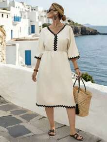 EMERY ROSE 大码女式梭织常规早春休闲舒适长袖收腰棕色二合一连衣裙 - 杏色 - 查看 5