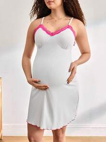 Moonlight&Mama Maternity Contrast Lace Ribbed Camisole Nightgown - White - View 3