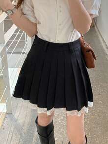 DAZY Women's Elegant Contrast Lace Pleated A-Line Skirt, Suitable For Office Commute In Summer - Black - View 4