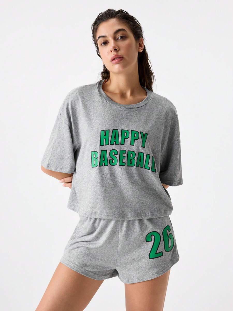 Miss Vinta Letter Graphic Drop Shoulder Top & Shorts Lounge Set Outfit - Light Grey - View 1