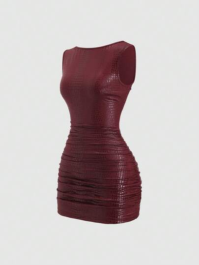 Sweetra Nuevo vestido de verano para mujer, de moda callejera sexy con tela de piel de cocodrilo estampada, hombros descubiertos, cintura fruncida, ajuste ceñido, cuello alto con detalle de volantes, adecuado para club, fiesta, cóctel, uso diario