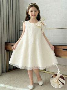 少女优雅时尚3D立体花卉网纱设计夏季连衣裙 - 杏色 - 查看 3