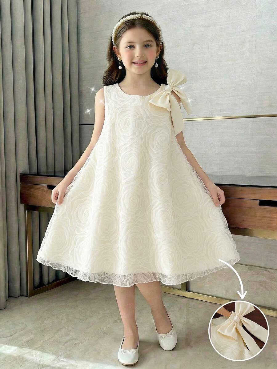 少女优雅时尚3D立体花卉网纱设计夏季连衣裙 - 杏色 - 查看 1