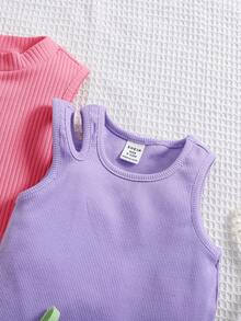 SHEIN 4件套女宝宝可爱纯色针织连体衣套装，夏季款 - 彩色 - 查看 3