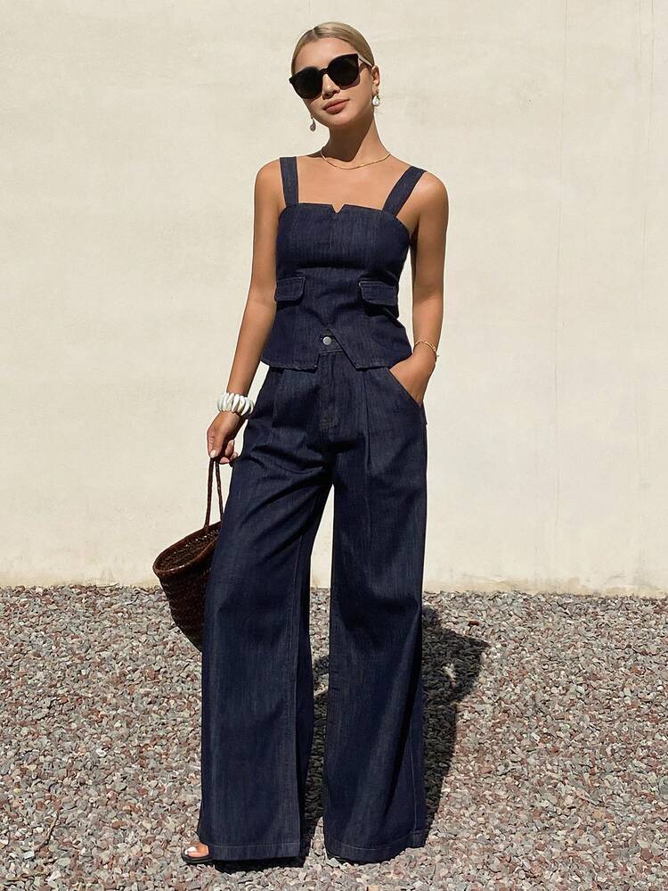 Women's Denim Bib Top And Loose Fit Wide Leg Pants Casual Denim Suit