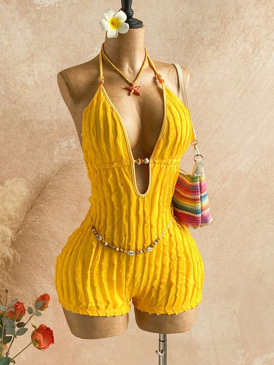 Soleia Bộ jumpsuit nữ màu trơn gợi cảm kiểu dáng nghỉ dưỡng cổ yếm - Màu vàng ngỗng - Xem 1