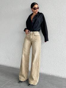 ZIRRA Women's Solid Color Slant Pocket Casual Versatile Straight-Leg Jeans - Khaki - View 5