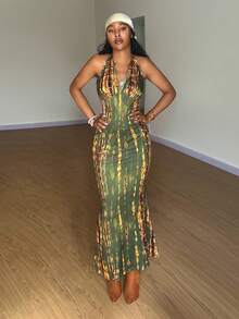 StreetHx Women's Tie-Dye Print Fitted Fishtail Hem Halter Neck Dress,Vacation Outfits Women ,Afro Boho Outfits - Olive Green - View 3