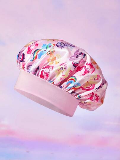 My Little Pony X SHEIN Upgraded Double-Layer Women's Pink Sminple Hair Care Cap, Wide Elastic Satin Cute Cartoon Print Sleep Cap, Soft & Comfortable For Daily Home, Sleeping,Twilight Sparkle&Pinkie Pie&Rainbow Dash