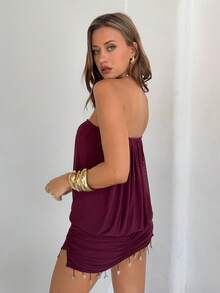 Aloruh Đầm ngắn dệt kim không dây màu tím, đầm ngắn tua rua phong cách Bohemian cho kỳ nghỉ, đầm màu trơn phong cách lễ hội âm nhạc Y2K. - Màu đỏ tím - Xem 3