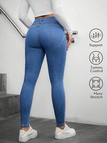 Flexra 女士高弹力开衩修身牛仔裤 - 中等水洗藍 - 查看 1