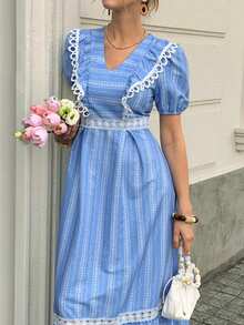 Elyressa Ditsy Floral Contrast Lace Trim V-Neck Lantern Sleeve Waist Fit Flared Hem French Style Women Dress - Blue and White - View 7