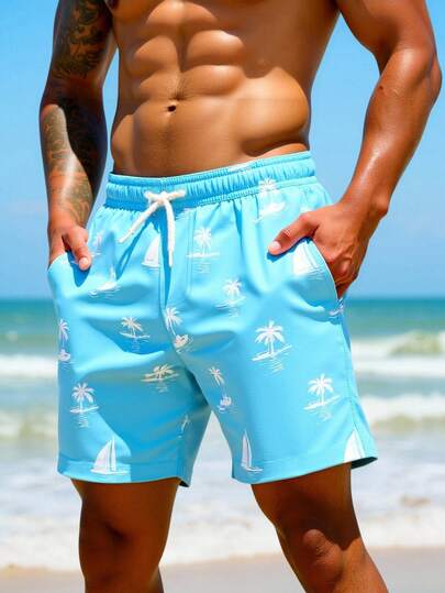 Manfinity Swimmode Men's Summer Vacation Tropical Print Drawstring Waist Slant Pocket Loose Beach Shorts Turquoise Swim Trunks Men Palm Tree Swim Shorts Light Blue Swim Trunks Men