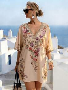EMERY ROSE Elegant Plus Size Women's Short Boho Dress With V Neck Floral Print Batwing Sleeves For Resort Wear - Multicolor - View 1