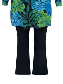 SHEIN Swim Mulvari 女士春夏新款布基尼两件套，含腰带，时尚端庄显瘦大叶绿色印花休闲中东度假风长袖长裤布基尼套装 - 彩色 - 查看 9