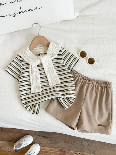 SHEIN 3pcs/Set Young Boy's Casual Apricot Striped Short Sleeve Top And Khaki Shorts Set, Suitable For Summer And Spring Outdoor, Sports And Play