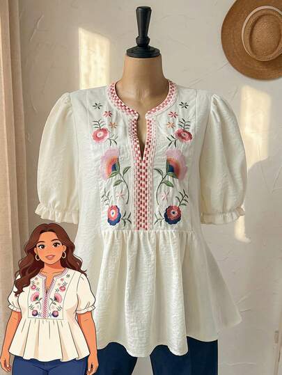 Rusticease Plus Size Notched Neck Short Sleeve Ruffle Pleated Floral Print Embroidery Craft Shirt, Summer Summer Tops Summer Outfits Summer Clothes  Spring  Spring Outfit Women Spring Clothes Country Style For Women
