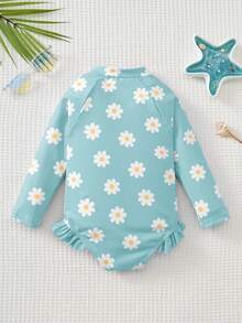 Cozy Pixies Baby Girls' Floral Print Long Sleeve Zipper One-Piece Swimsuit, Summer Beach Holiday - Blue - View 2