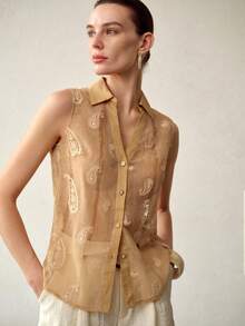 MOTF PREMIUM Blusa semitransparente sin mangas con cuello en V, botones y bordado de paisley - Albaricoque - Ver 5