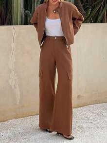 DAZY Chaqueta vaquera de manga larga con cuello y pantalón vaquero de pierna recta relajada - Conjunto vaquero casual para mujer - Café integral - Ver 3