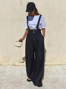 DAZY Pantalones peto vaqueros de cuello alto holgados y ajustables para mujer, estilo casual de ciudad - Azul lavado oscuro - Ver 2